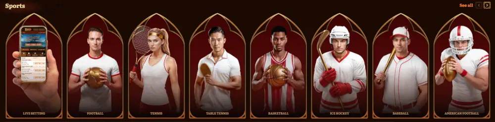 Wild Robin sportweddenschappen categorieën en mobiele app interface preview